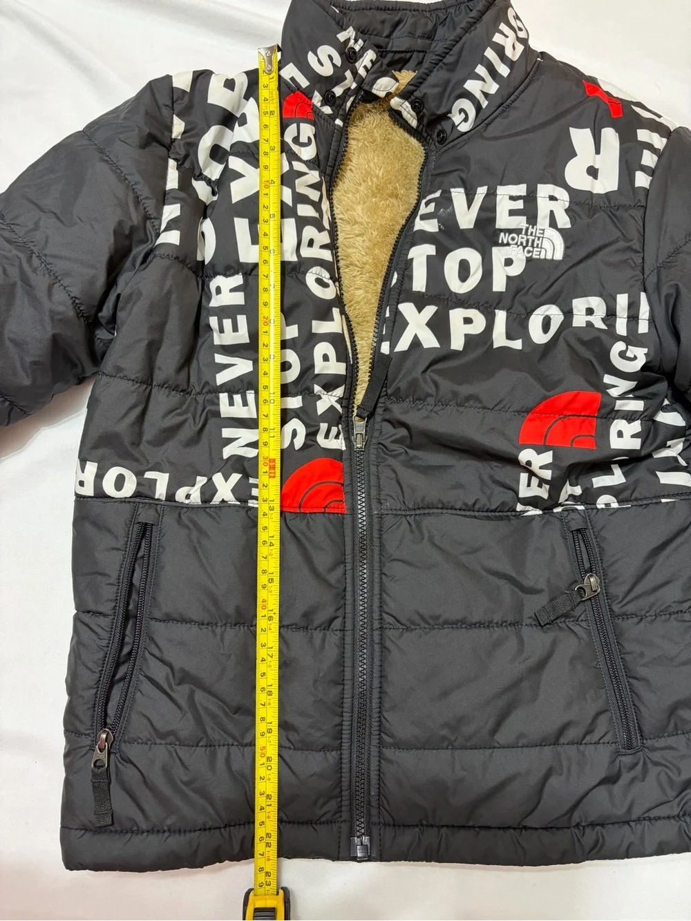 The North Face Youth L Reversible Puffer Jacket Coat Sherpa Black Red White